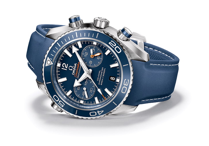 round blue and silver-colored Omega chronograph watch with blue leather strap