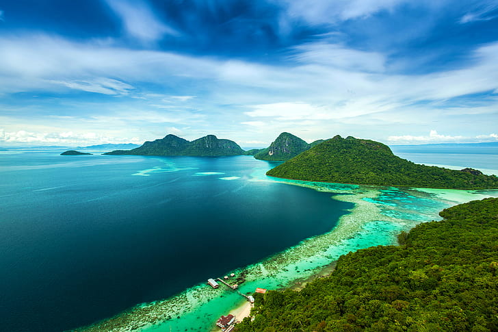 sea, mountains, tropics, coast, island, Malaysia, Bohey Dulang Island, HD wallpaper