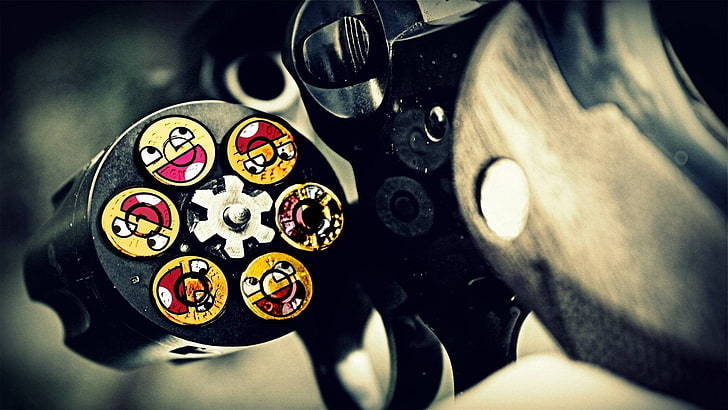 black revolver pistol, gun, awesome face, ammunition, digital art
