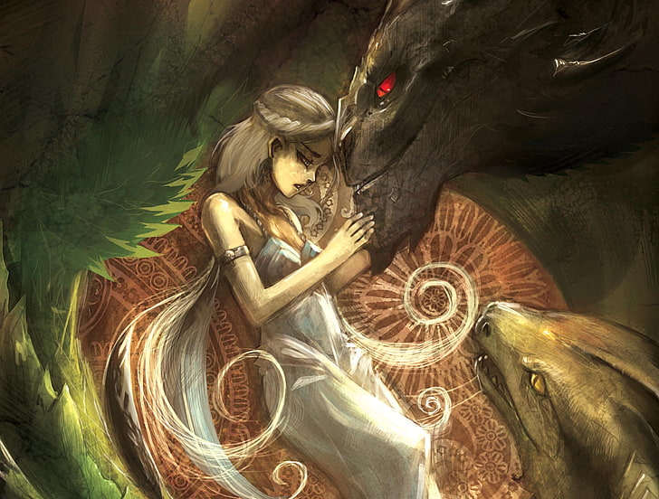 woman holding dragon head wallpaper, girl, dragons, Daenerys Targaryen, HD wallpaper