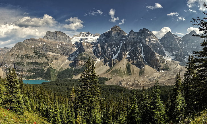green leafed trees, forest, mountains, lake, panorama, Banff National Park, HD wallpaper
