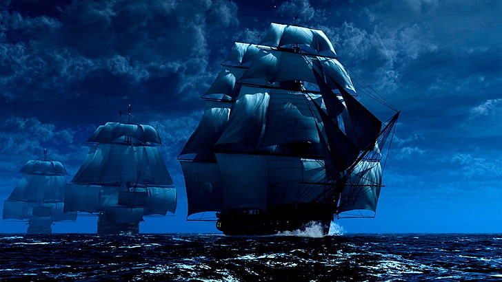 ship of the line, sea, sailing ship, manila galleon, sky, fleet, HD wallpaper