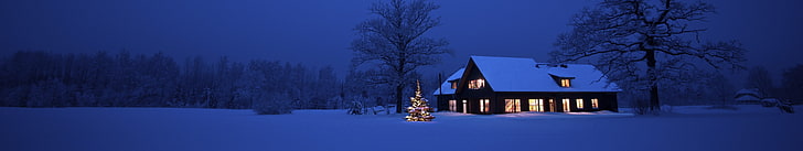 snow-covered cabin, winter, white, blue, lights, Christmas, holiday