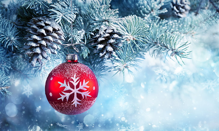 red and white Christmas bauble with Christmas tree, snow, decoration, HD wallpaper