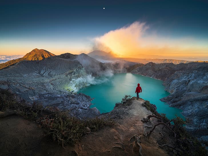 crater, photography, volcano, lake, sunrise, Mount Ijen, Indonesia, HD wallpaper
