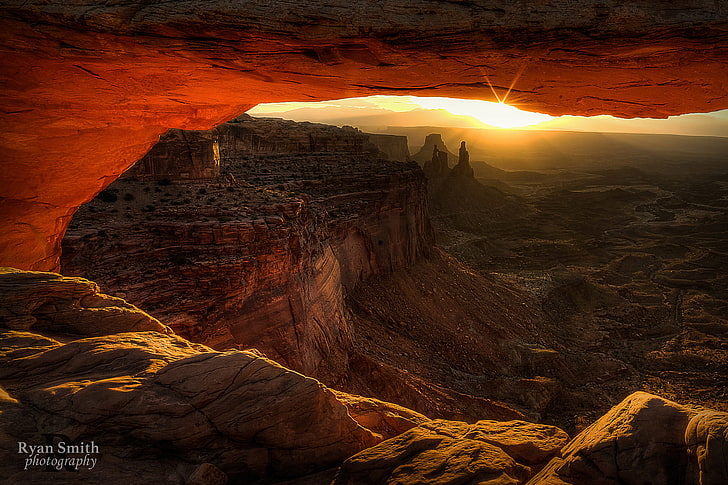 rays, light, rocks, morning, Utah, USA, Mesa Arch, the sun, HD wallpaper
