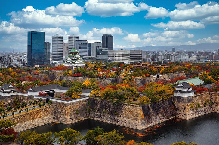 trees, Park, castle, building, Japan, skyscrapers, Osaka, ditch, HD wallpaper