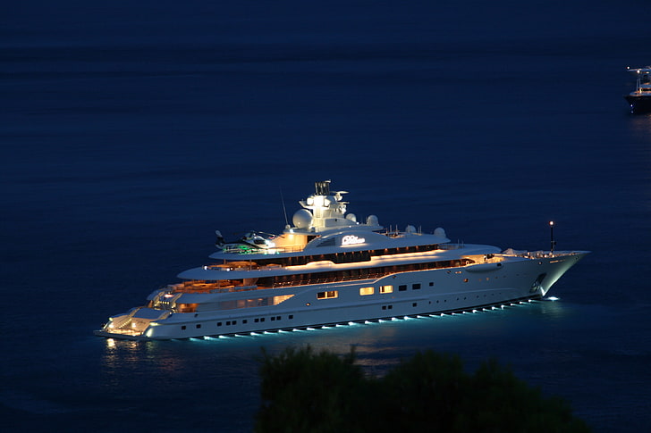 white cruse ship, night, yacht, helicopter, sea., super yacht
