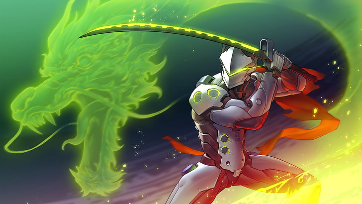 robot holding sword with dragon anime wallpaper, Overwatch, video games