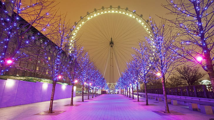 London Eye Purple Christmas Lights, trees, street, ferris wheel