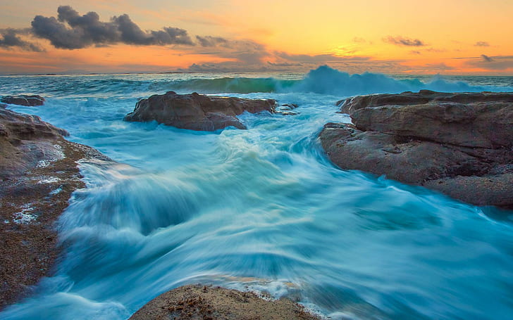 Sea waves over the rocky shore, blue water, beaches, 1920x1200, HD wallpaper