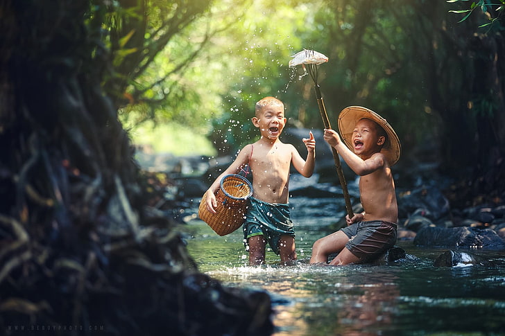 two boy's blue shorts, children, fishing, Thailand, water, river