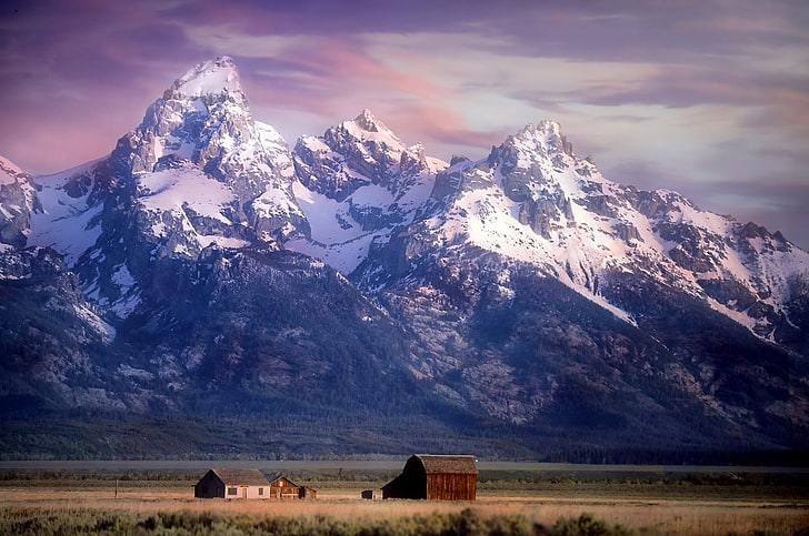 brown wooden barn, mountains, valley, Wyoming, farm, Grand Teton National Park