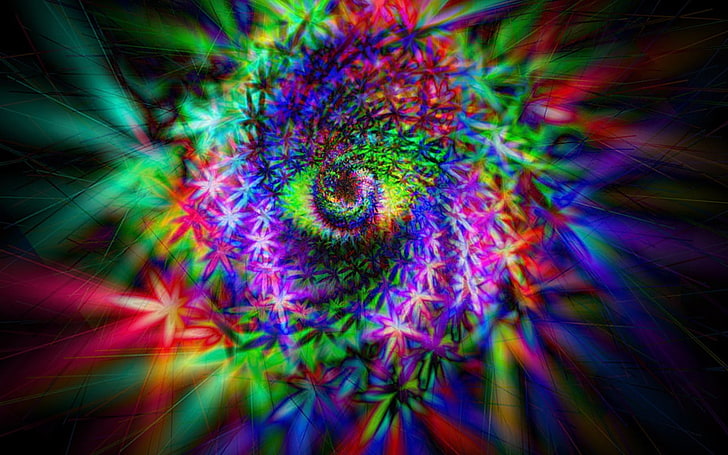 eye and cannabis leaves artwork, psychedelic, multi colored, motion