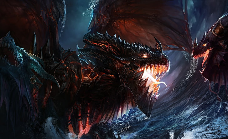 dragons illustrations, Deathwing, Warcraft, nature, no people