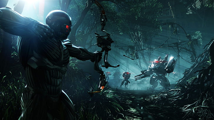 Crysis 3, man and robot gear on war movie scenes, HD wallpaper