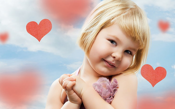 girl's pink top, little girl, happy, heart, baby, child, children, HD wallpaper