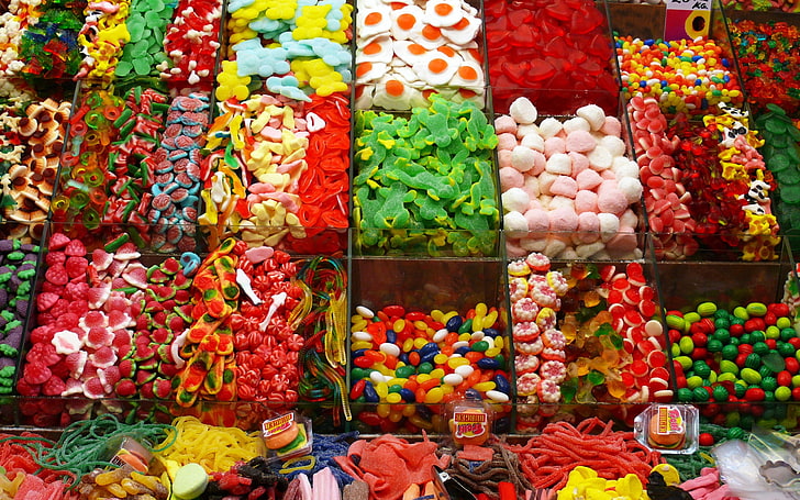 assorted candy lot, sweets, different, many, small, store, countertop, HD wallpaper