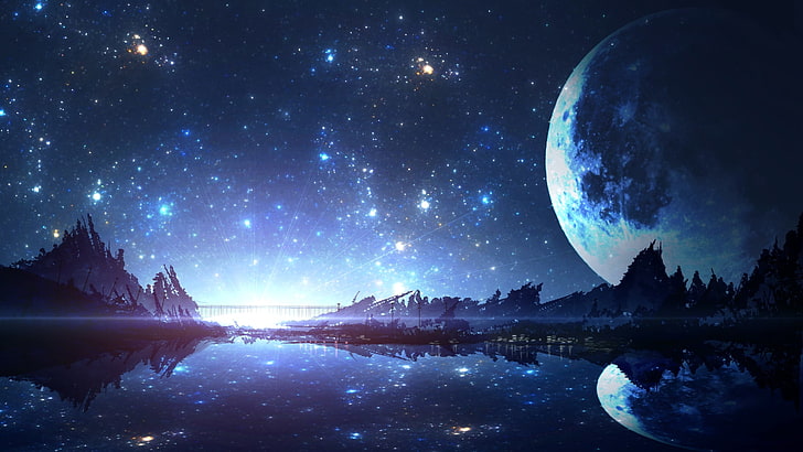 fantasy landscape, moon, reflection, river, artwork, stars