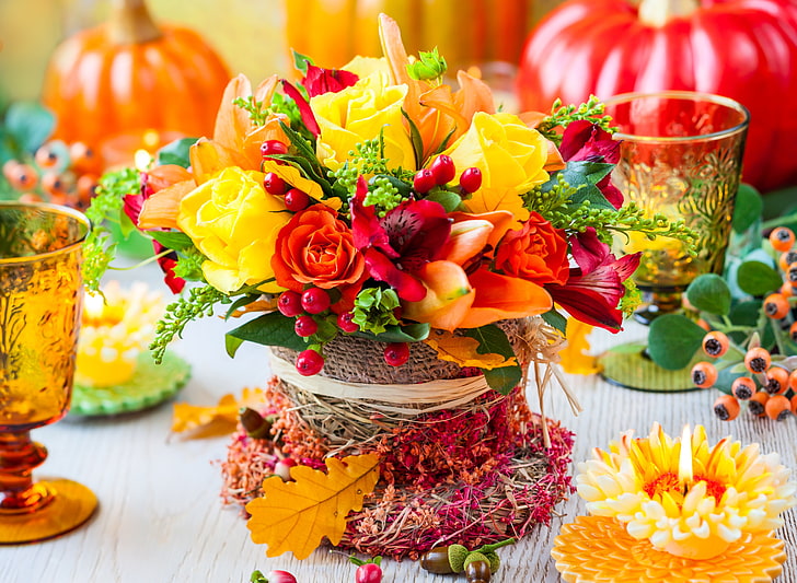 orange, yellow, and red roses centerpiece, flowers, berries, candle, HD wallpaper
