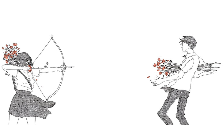 man and woman sketch illustration, flowers, love, bow, Arrow, HD wallpaper