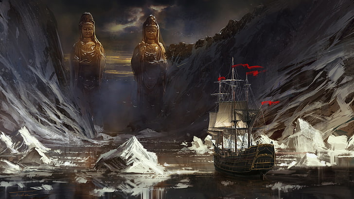 brown ship near body of water between mountain wallpaper, Jude Smith, HD wallpaper