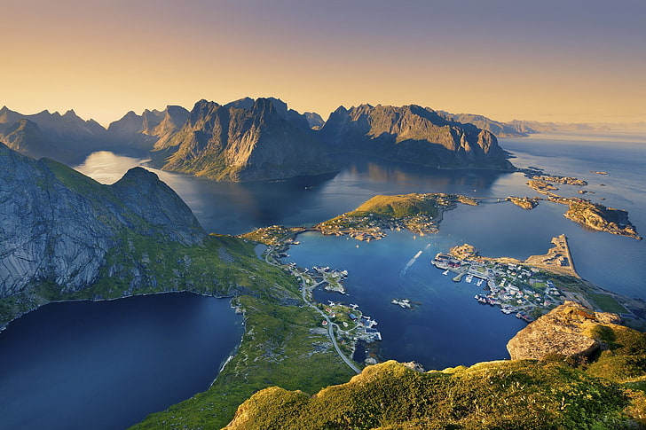 gray mountain, landscape, Norway, Lofoten, nature, bay, Europe, HD wallpaper