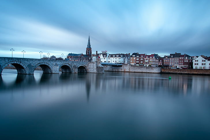 gray concrete bridge on body of water connected with City street, maastricht, maastricht, HD wallpaper