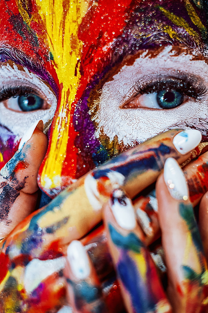 multicolored face art, paint, make-up, eyes, body part, human body part, HD wallpaper