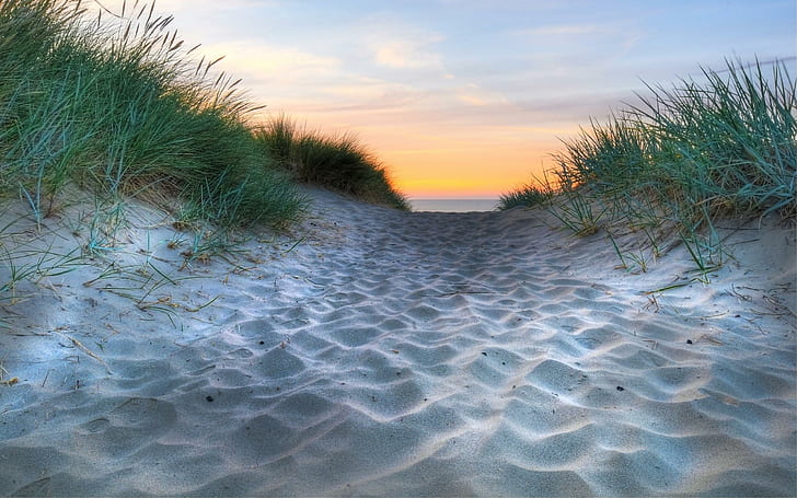 Beach-hdr, lovely, nice, grass, beautiful, sunset, water, sand, HD wallpaper