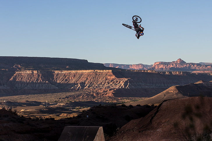 photography, landscape, BMX, bicycle, mid-air, sky, mountain, HD wallpaper