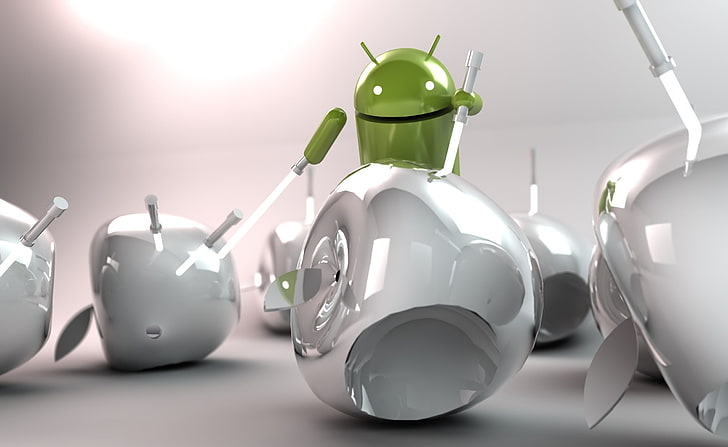 Android vs Apple, Apple logo and Android logo, Computers, indoors, HD wallpaper