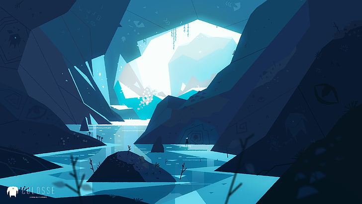 blue cave illustration, fantasy art, Mikael Gustafsson, rock, HD wallpaper