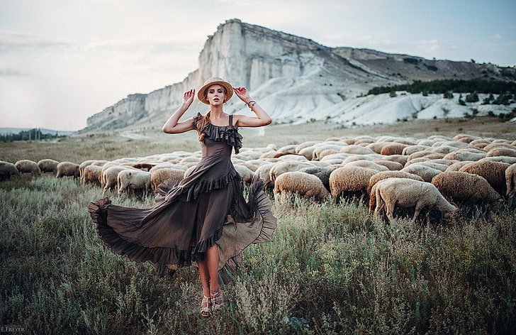 women, dress, Evgeny Freyer, high heels, hat, sheep, animals
