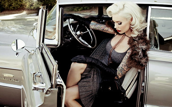 women, model, women with cars, tattoo, vehicle, blonde, platinum blonde, HD wallpaper