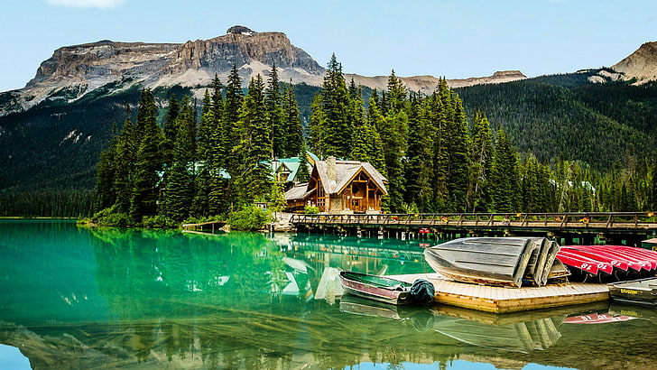 tourist attraction, emerald lake lodge, yoho national park, HD wallpaper