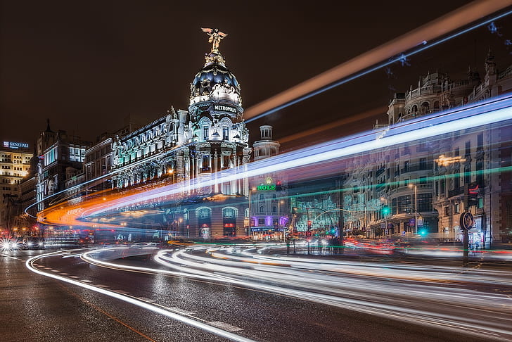 Madrid, Spain, city, gray concrete city building, Night, Buildings, HD wallpaper