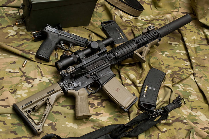 black and brown rifle and black pistol, gun, weapons, machine, HD wallpaper