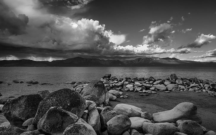 Rocks Stones Clouds Shore Landscape BW Mountains HD, grayscale photo of stone and boulders beside body of water, HD wallpaper