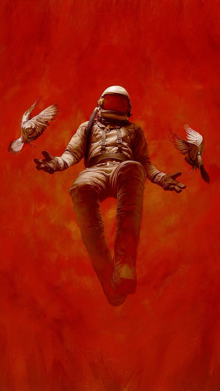 digital art portrait display simple background minimalism astronaut birds flying helmet spacesuit doves fire red background gloves