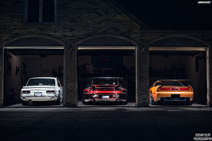several cars illustration, Nissan Skyline, Acura NSX, RWB Porsche