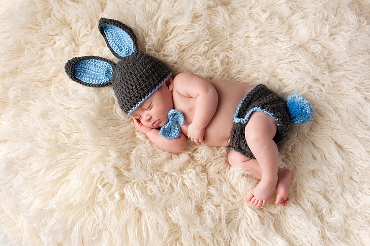 baby's black and blue knit rabbit headgear, children, photo, hat, HD wallpaper