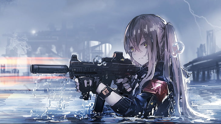 female anime character holding rifle wallpaper, anime girls, gloves