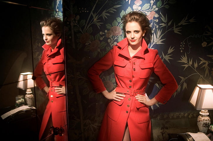 women's red trench coat, Eva Green, hands on hips, red coat, brunette