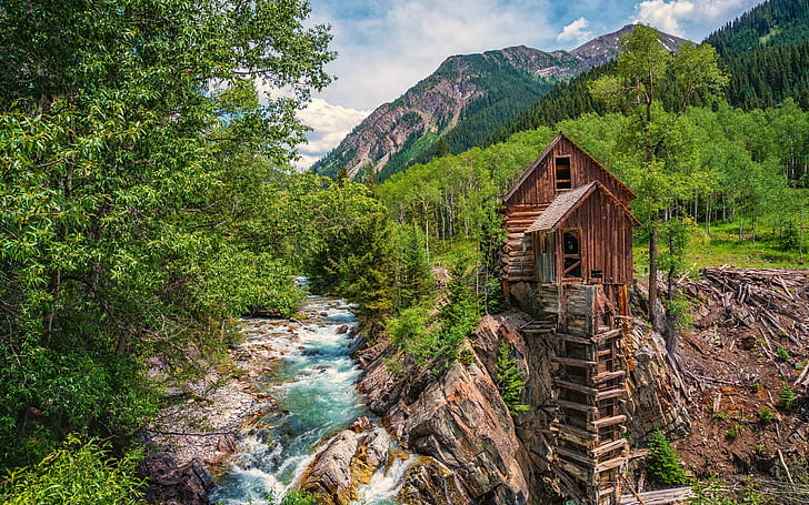 Colorado, water mill, river, forest, trees, mountains