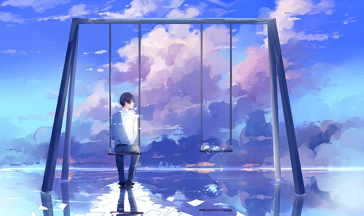 anime boy, scenic, swing, clouds, back view, reflection, one person