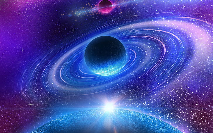 space, star, galaxy, nebula, sunlight, planet, rings, purple and black planet, HD wallpaper