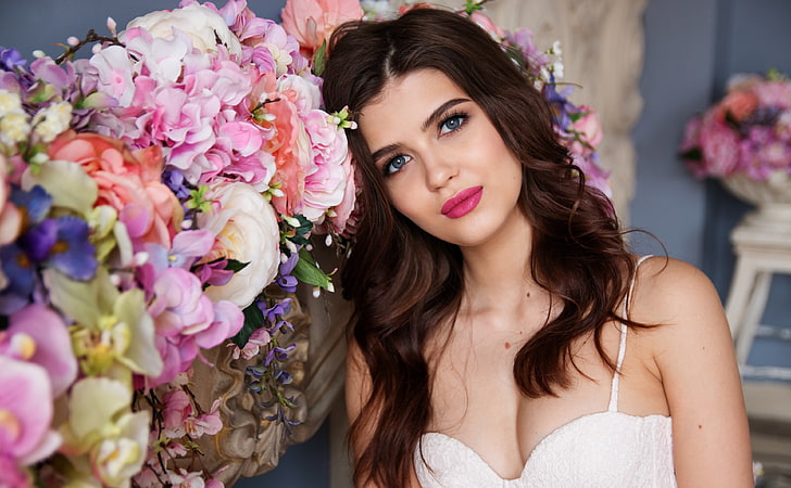 Beautiful Russian Girl, Flowers, women's white spaghetti strap top, HD wallpaper