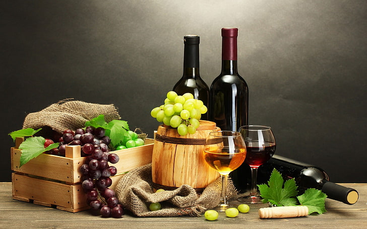 black glass bottle, wine, drink, grapes, bottles, food, food and drink