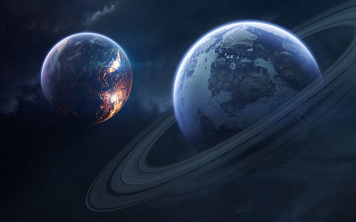 two planets illustraion, Saturn, Rings of Saturn, 4K